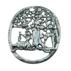 Large Vintage Sterling Silver Girl Under The Apple Tree Brooch 2.25” 20.4 Grams